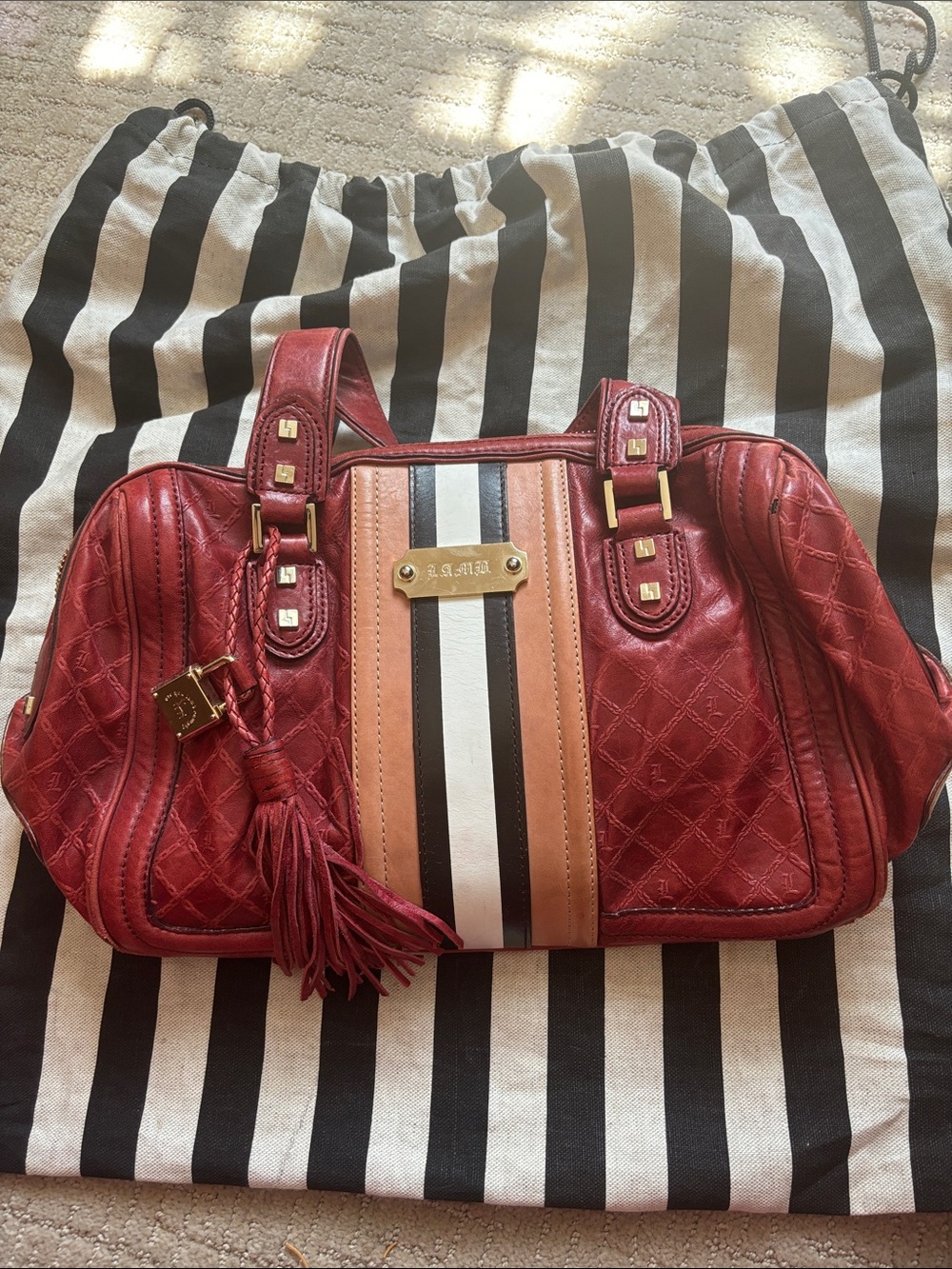 L.A.M.B. Red Quilted Satchel with Tan and Black Stripe